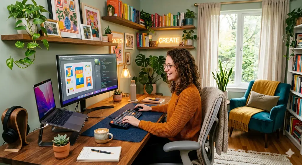 espaço de trabalho em casa com monitor ajustado, cadeira ergonômica e boa iluminação, setup completo