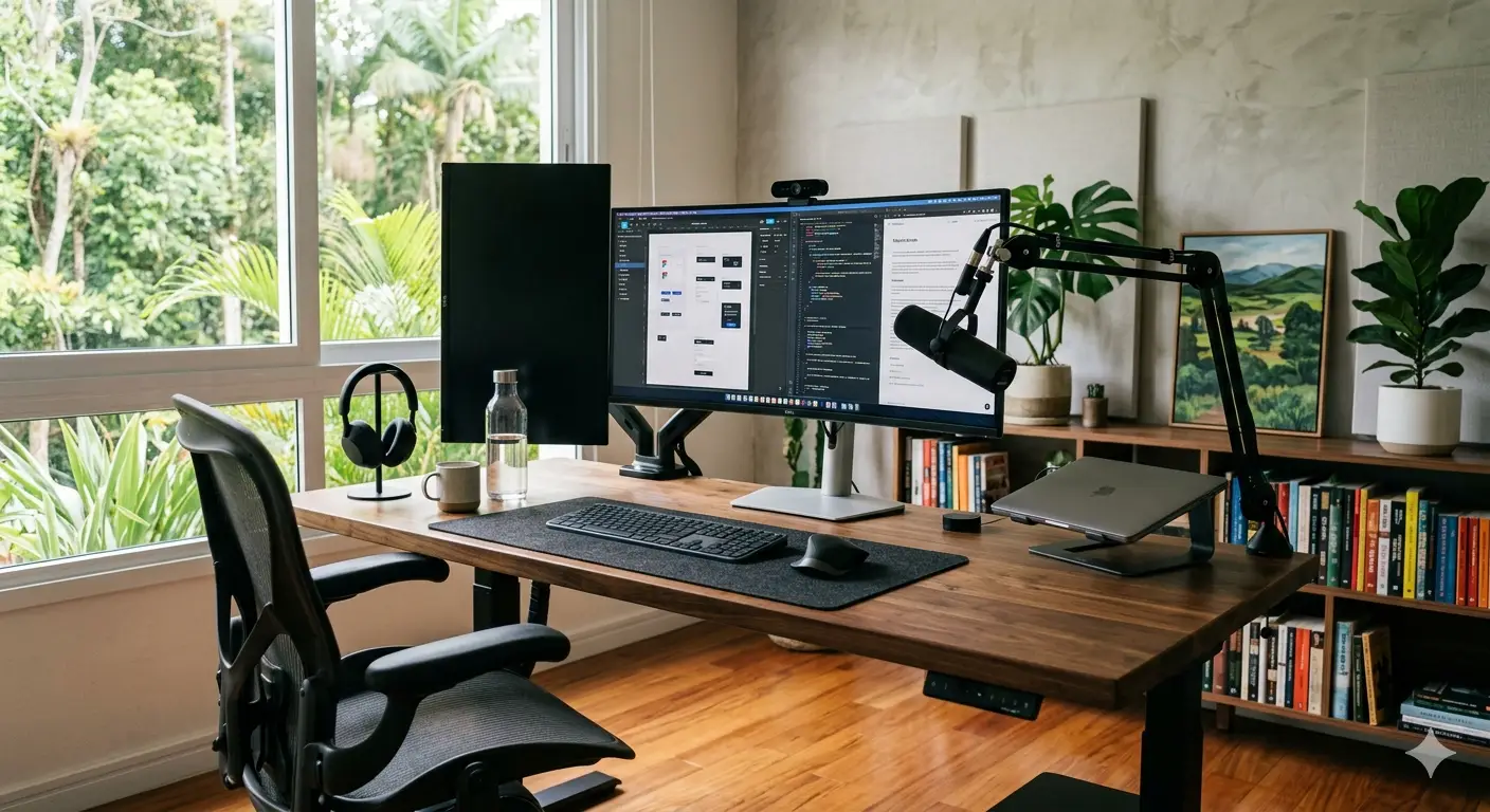 mesas para home office modernas com espaço organizado e setup produtivo
