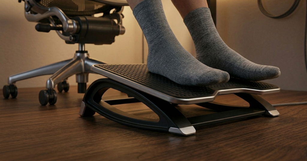 Apoio de pés ergonômico com design de balanço sob a mesa de home office para melhorar a circulação e postura.