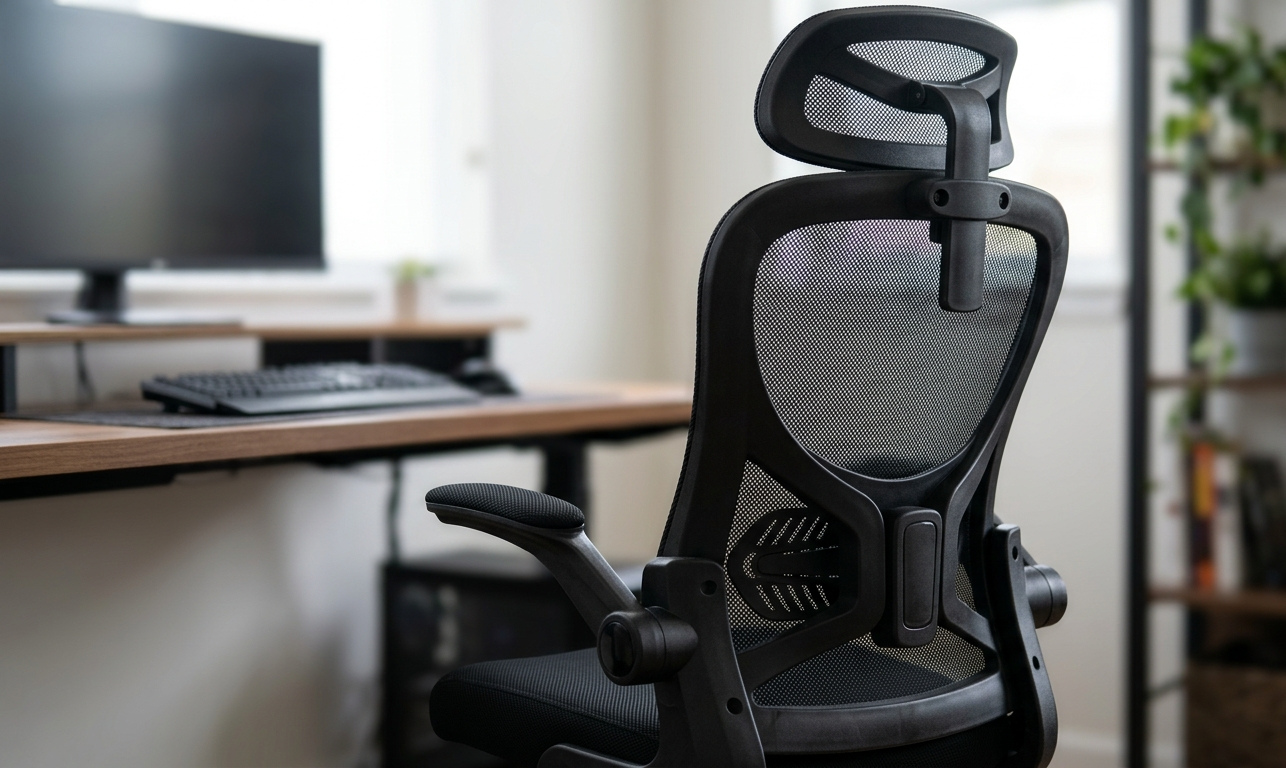 Cadeira de escritório ergonômica preta com encosto e apoio de cabeça de malha ajustável, posicionada em um home office moderno ao lado de uma mesa com monitor e teclado.