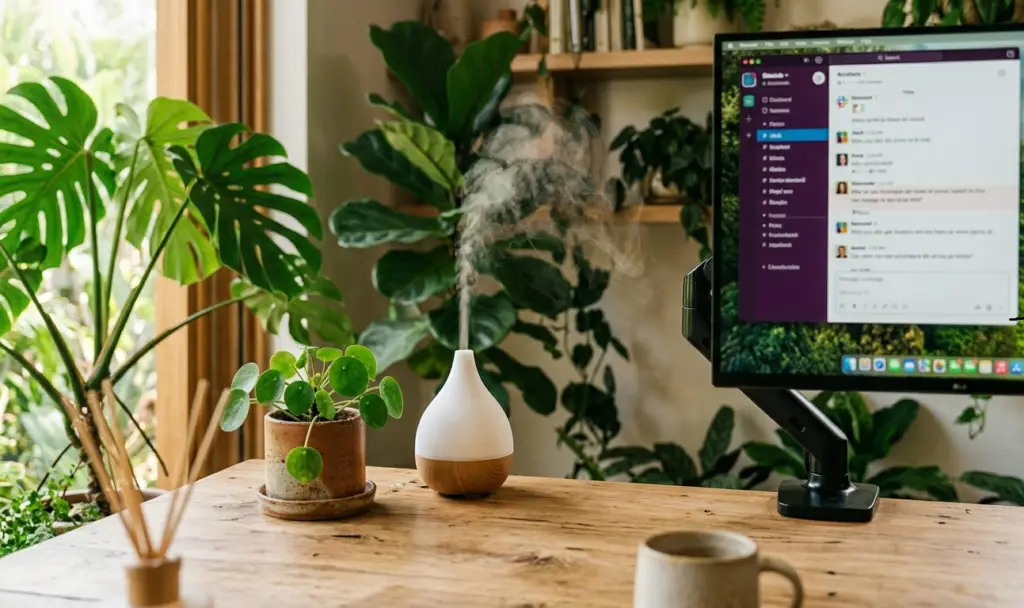 Close-up detalhado de um difusor de aromas de cerâmica branca soltando névoa suave em uma mesa de madeira no home office. Ao lado, uma planta Pilea Peperomioides em vaso de terracota e um monitor com interface de software.