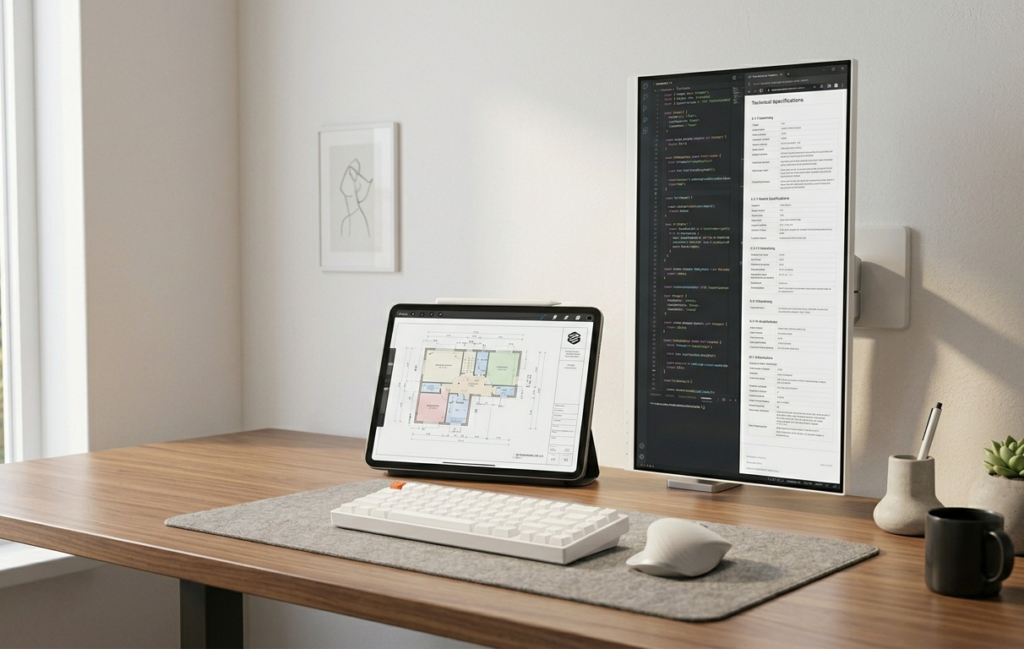 Setup home office paperless com tablet, caneta digital e monitor vertical para leitura de documentos.