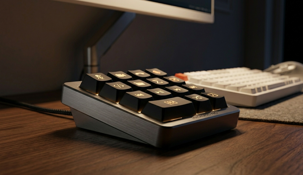 Close-up de um macropad mecânico com teclas iluminadas e atalhos personalizados para produtividade no home office.