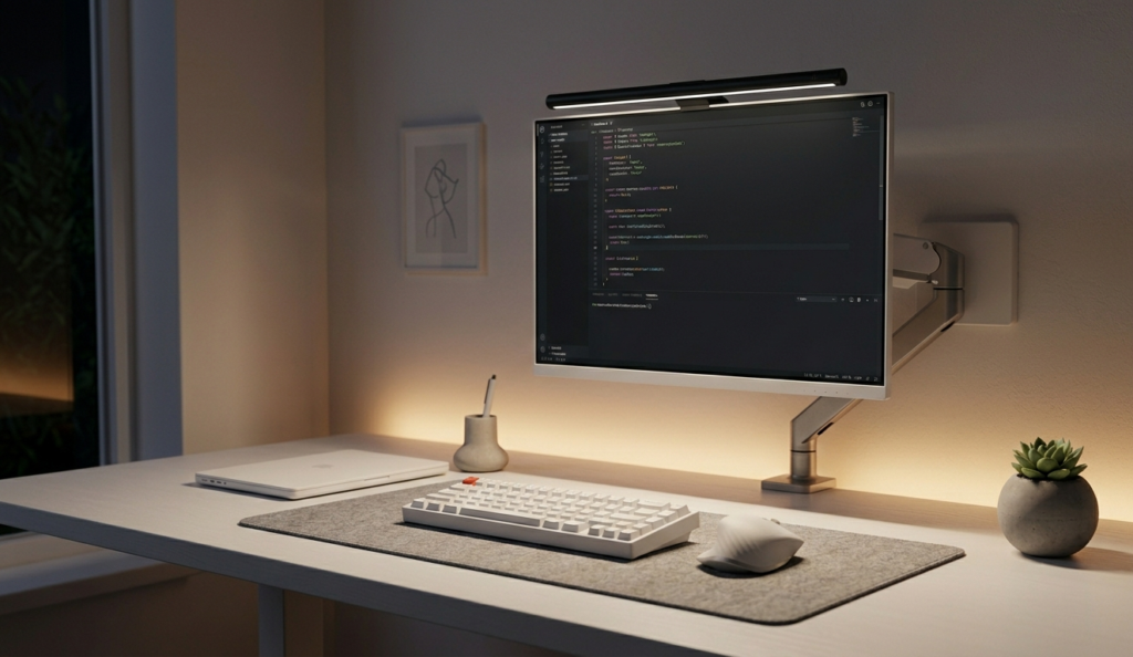Setup home office minimalismo tech à noite com iluminação de barra de luz no monitor e fita LED branca quente atrás da mesa.