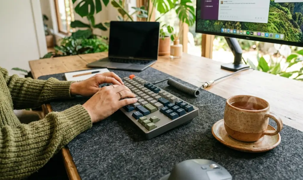 Destaque para mãos com anéis digitando em um teclado mecânico customizado sobre um mousepad de feltro cinza. Uma xícara rústica de cerâmica com chá quente está ao lado, com plantas verdes ao fundo.