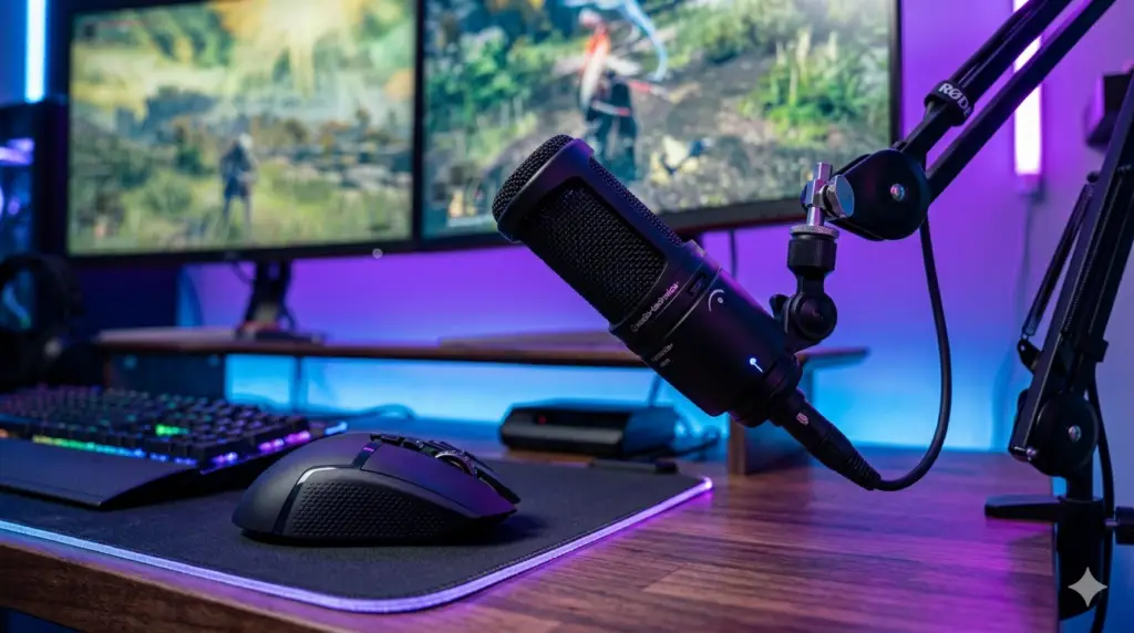 Fotografia em close-up com foco seletivo em periféricos de alta tecnologia. Em primeiro plano, um mouse gamer sem fio de cor preta fosca repousa sobre um mousepad com bordas iluminadas por LED roxo. À direita, um microfone condensador profissional preto está montado em um braço articulado metálico, posicionado de forma inclinada.