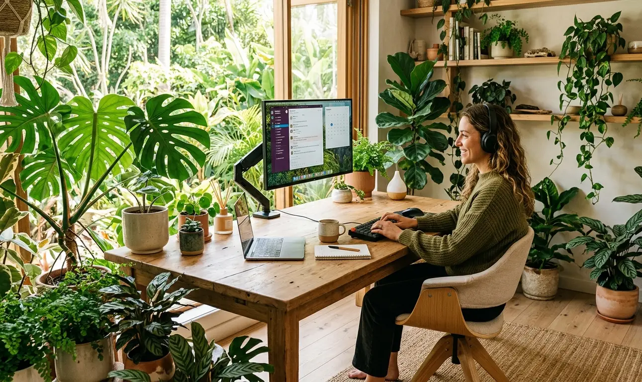 Uma mulher trabalhando em um home office biofílico, estilo 'Jungle Office', cercada por muitas plantas verdes como Monstera e uma Fiddle Leaf Fig. Ela está sentada em uma mesa de madeira clara com um monitor grande e usa fones de ouvido.