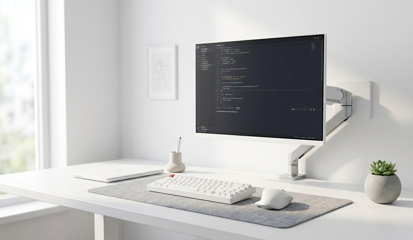 etup home office minimalismo tech com estética all-white, monitor flutuante em braço articulado e periféricos brancos sem fio.