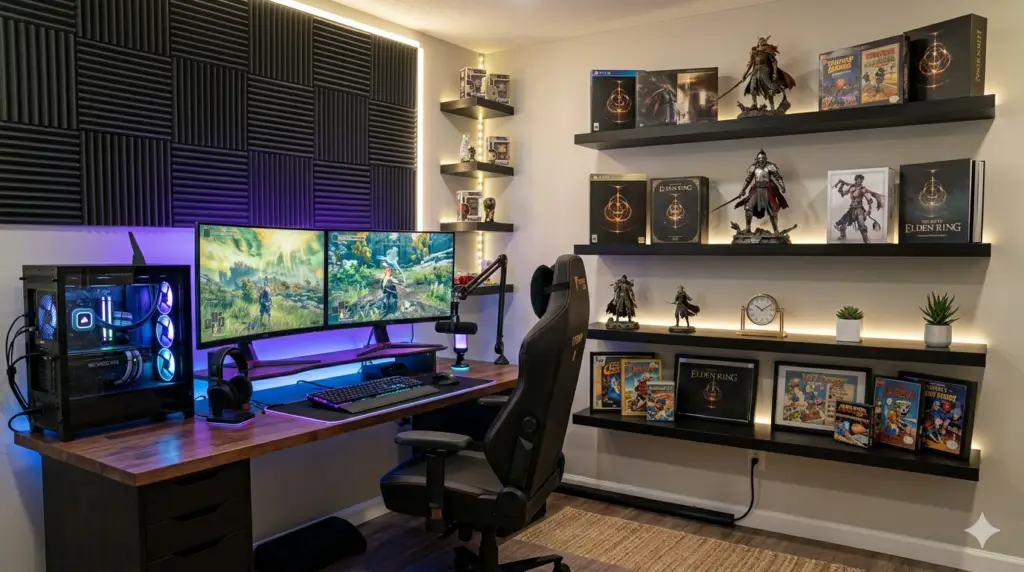 Uma visão lateral do quarto que mostra a integração entre o espaço de trabalho e a decoração pessoal. À esquerda, a mesa tecnológica com os dois monitores e o PC iluminado mantém a organização. Na parede adjacente à direita, várias prateleiras flutuantes pretas estão perfeitamente alinhadas e iluminadas por fitas LED embutidas.