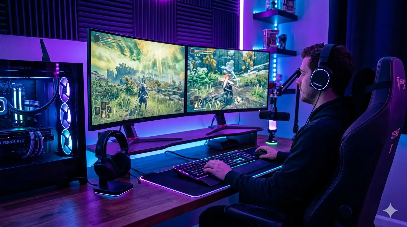 Uma visão ampla de um setup gamer de alto desempenho em um quarto com iluminação suave. Sobre uma mesa de madeira escura, destacam-se dois monitores widescreen lado a lado exibindo imagens de um jogo de RPG de mundo aberto.