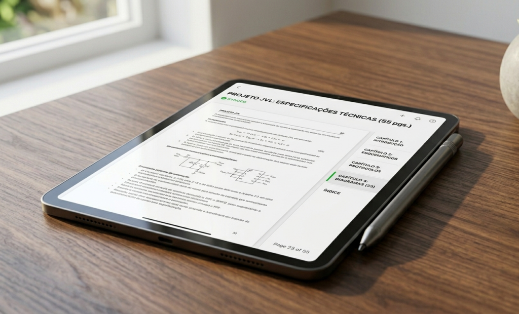 : Organização de documentos técnicos digitais em tablet para home office sem papel.