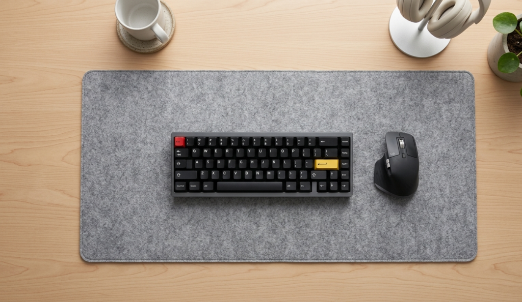 Close-up de organização de mesa minimalista com desk mat de feltro cinza, teclado compacto mecânico e mouse sem fio, sem cabos visíveis.